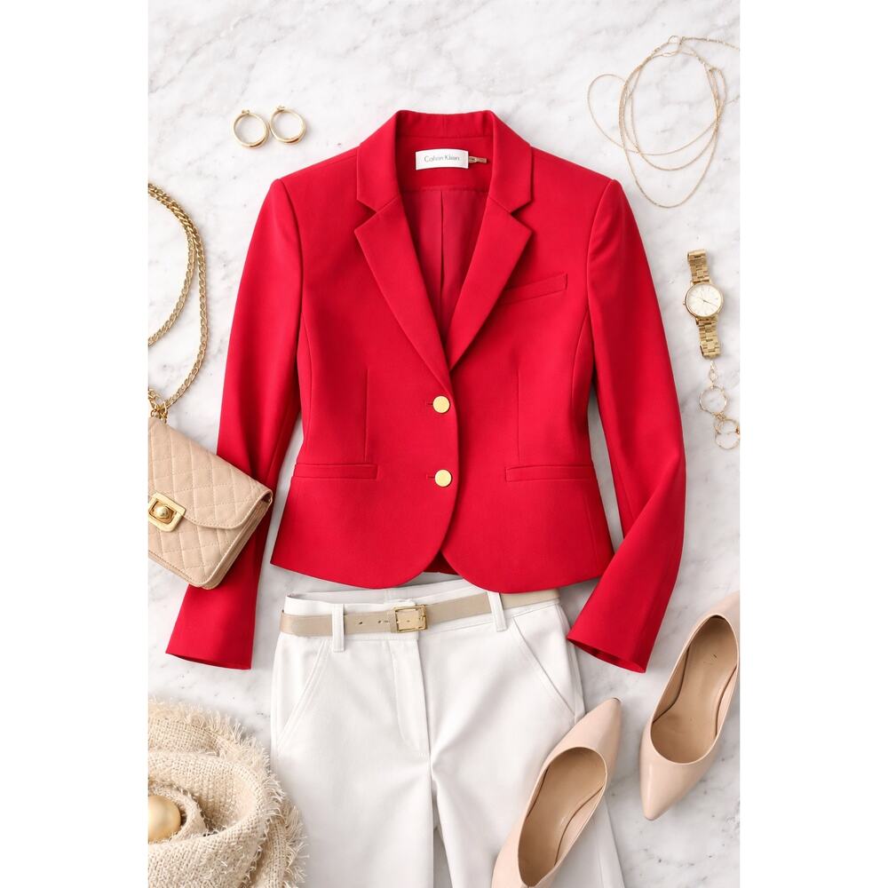 Calvin Klein Red Cropped Blazer Petite 12P Gold Button Jacket